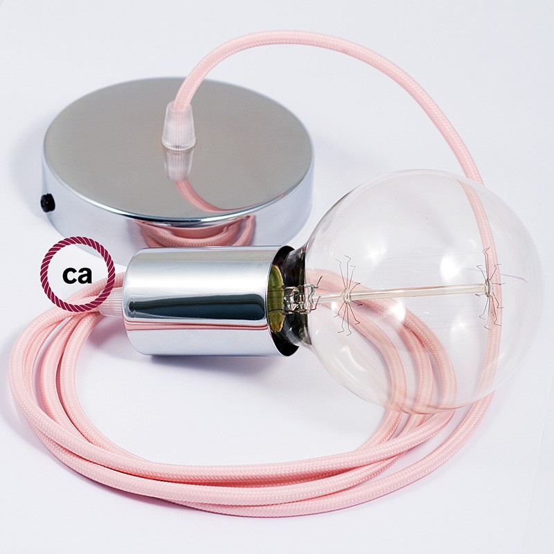 Pendel único, lámpara colgante cable textil Rosa Baby en tejido Efecto Seda RM16
