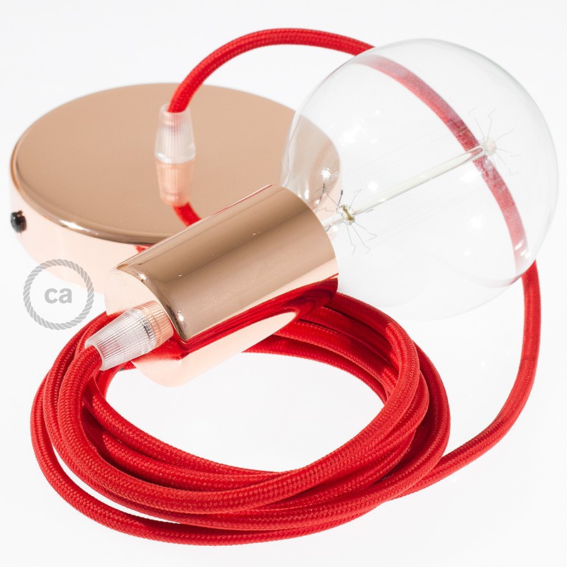 Pendel único, lámpara colgante cable textil Rojo en tejido Efecto Seda RM09