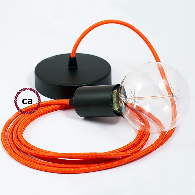 Pendel único, lámpara colgante cable textil Naranja en tejido Efecto Seda RM15