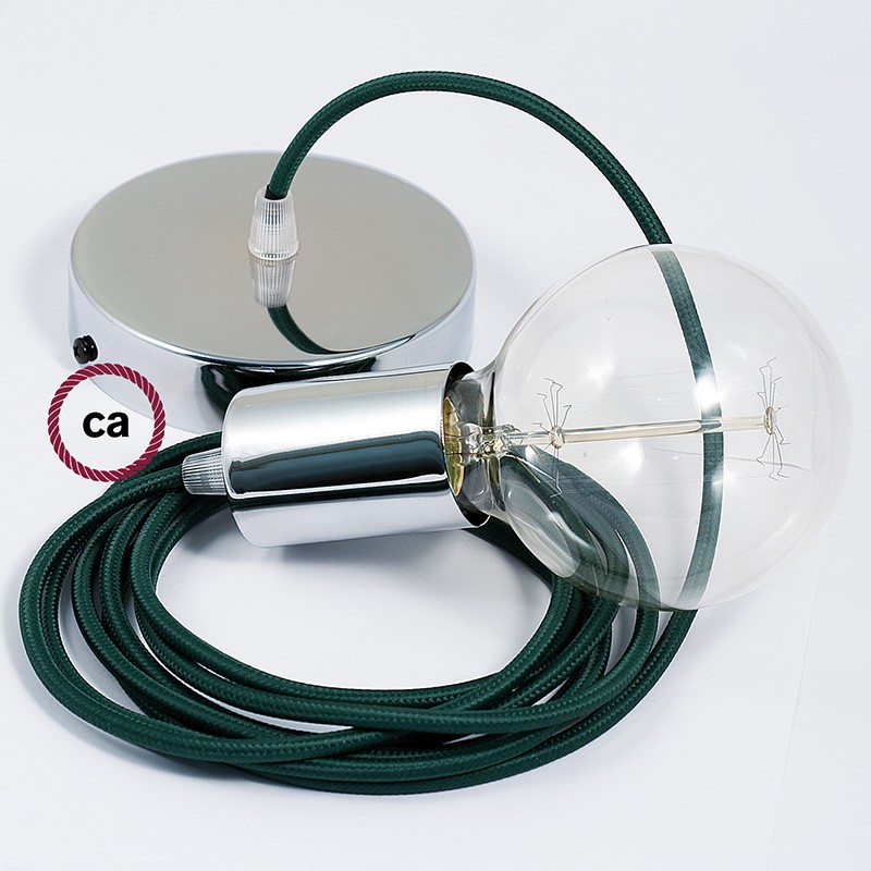Pendel único, lámpara colgante cable textil Verde Oscuro en tejido Efecto Seda RM21