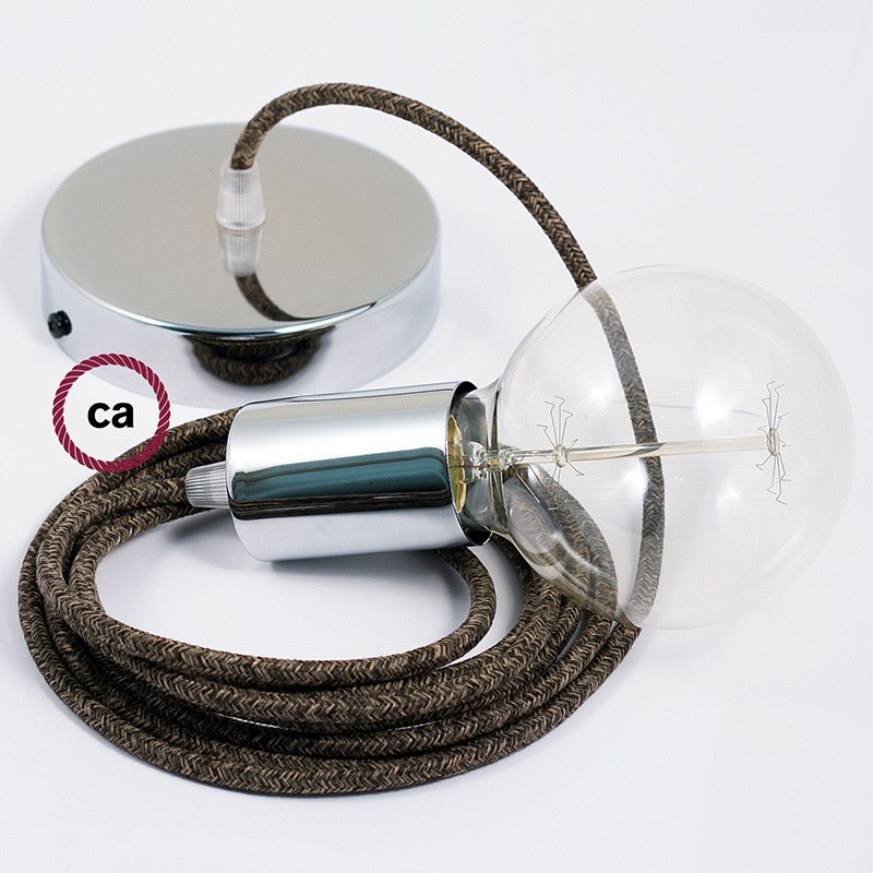 Pendel único, lámpara colgante cable textil Marrón en Lino Natural RN04