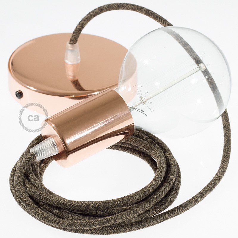 Pendel único, lámpara colgante cable textil Marrón en Lino Natural RN04