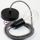 Pendel único, lámpara colgante cable textil Negro Glitter en Lino Natural RS81