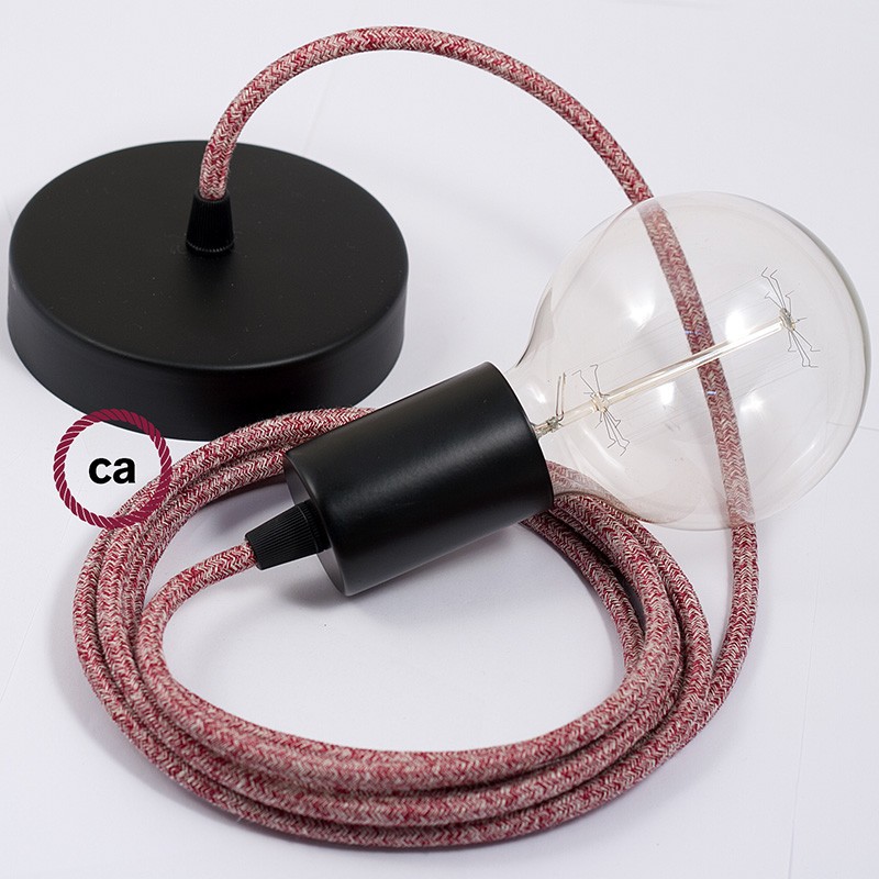 Pendel único, lámpara colgante cable textil Rojo Glitter en Lino Natural RS83