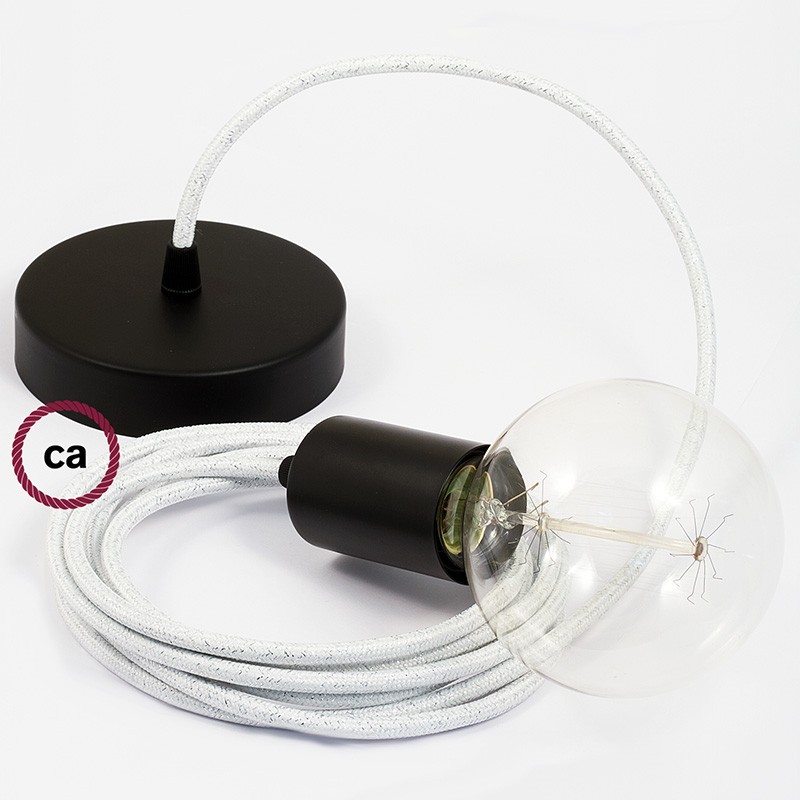 Pendel único, lámpara colgante cable textil Blanco Glitter RL01