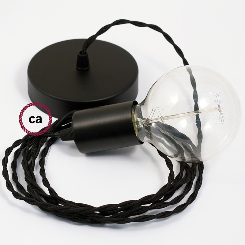 Pendel único, lámpara colgante cable textil Negro en tejido Efecto Seda TM04