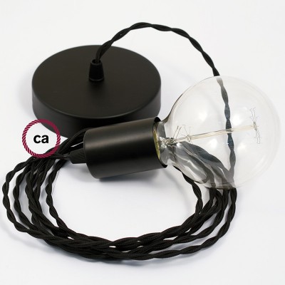 Pendel único, lámpara colgante cable textil Negro en tejido Efecto Seda TM04