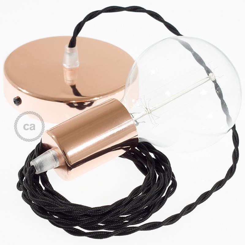 Pendel único, lámpara colgante cable textil Negro en tejido Efecto Seda TM04