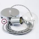 Pendel único, lámpara colgante cable textil Plateado en tejido Efecto Seda TM02