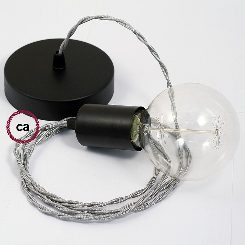 Pendel único, lámpara colgante cable textil Plateado en tejido Efecto Seda TM02