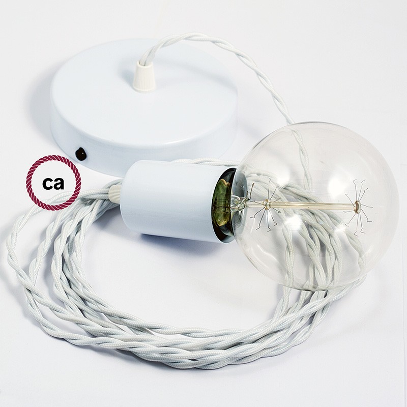 Pendel único, lámpara colgante cable textil Blanco en tejido Efecto Seda TM01