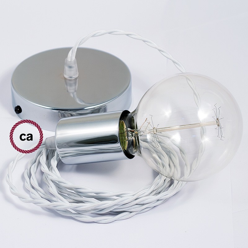 Pendel único, lámpara colgante cable textil Blanco en tejido Efecto Seda TM01