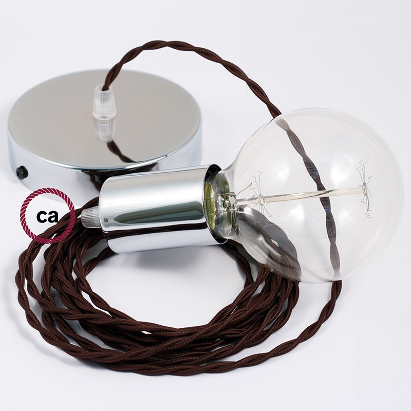 Pendel único, lámpara colgante cable textil Marrón en tejido Efecto Seda TM13