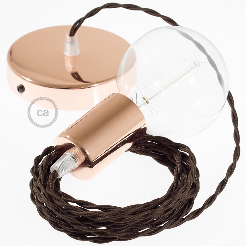 Pendel único, lámpara colgante cable textil Marrón en tejido Efecto Seda TM13