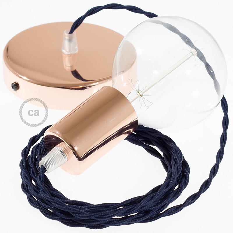 Pendel único, lámpara colgante cable textil Azul Marino en tejido Efecto Seda TM20