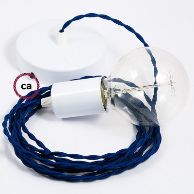 Pendel único, lámpara colgante cable textil Azul en tejido Efecto Seda TM12