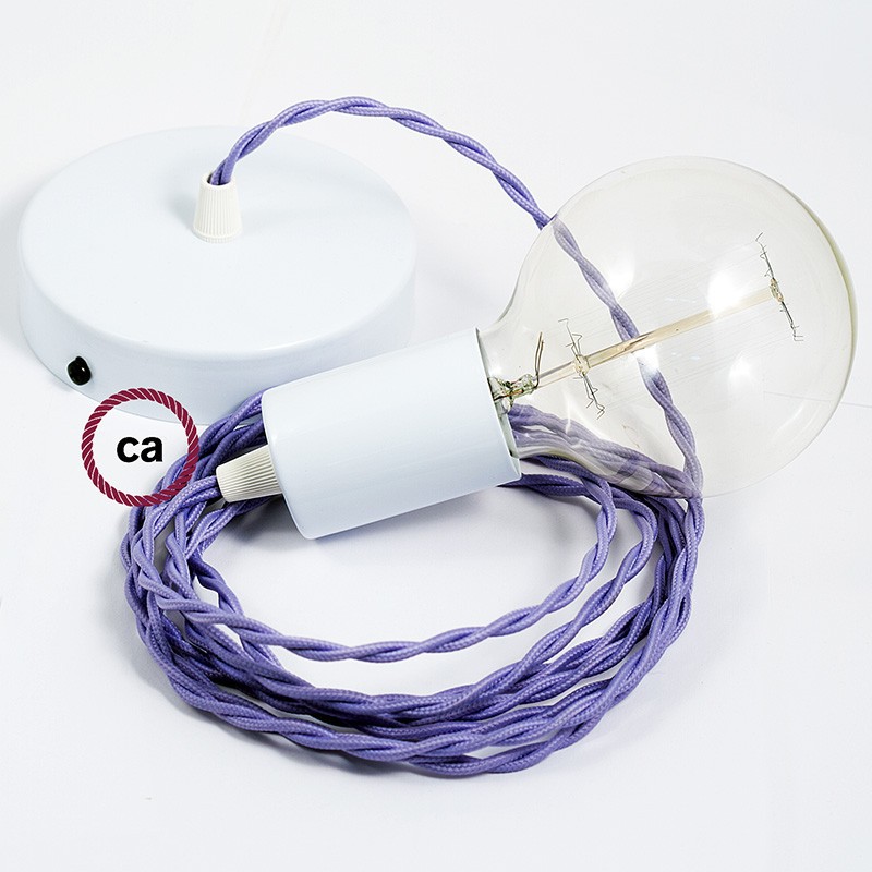 Pendel único, lámpara colgante cable textil Lila en tejido Efecto Seda TM07