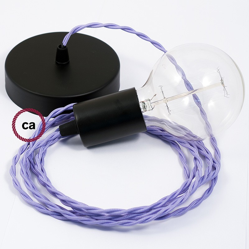 Pendel único, lámpara colgante cable textil Lila en tejido Efecto Seda TM07
