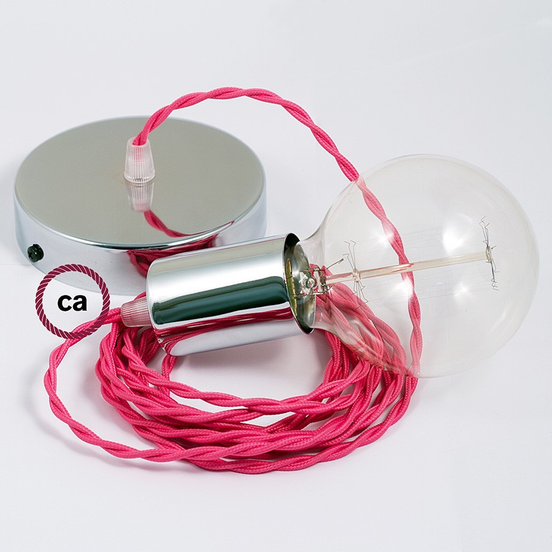 Pendel único, lámpara colgante cable textil Fuchsia en tejido Efecto Seda TM08