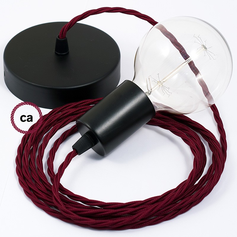 Pendel único, lámpara colgante cable textil Bordeos en tejido Efecto Seda TM19