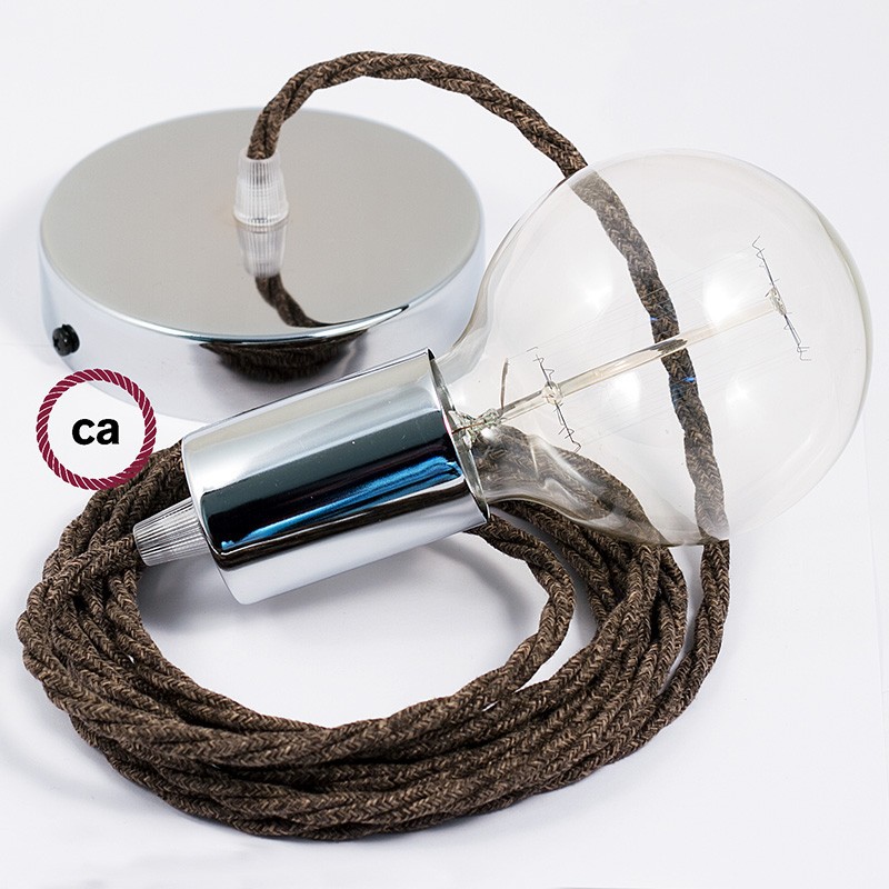 Pendel único, lámpara colgante cable textil Marrón en Lino Natural TN04