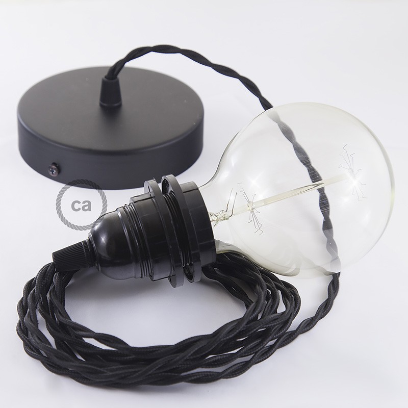 Pendel para pantalla, lámpara colgante cable textil Negro en tejido Efecto Seda TM04