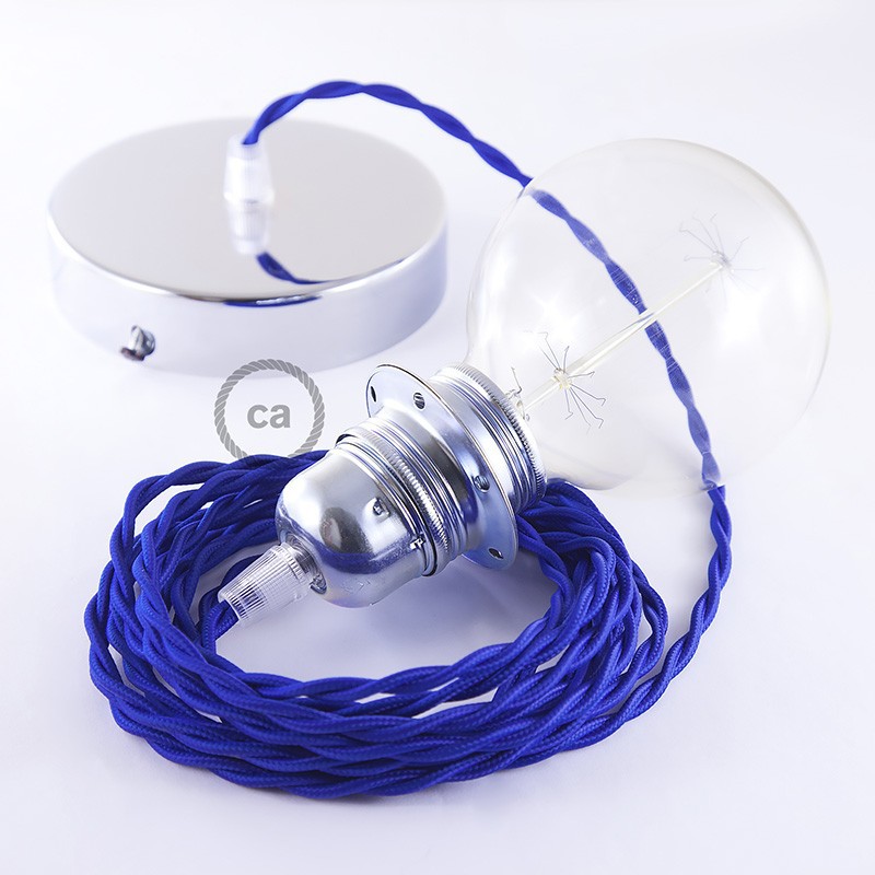 Pendel para pantalla, lámpara colgante cable textil Azul en tejido Efecto Seda TM12
