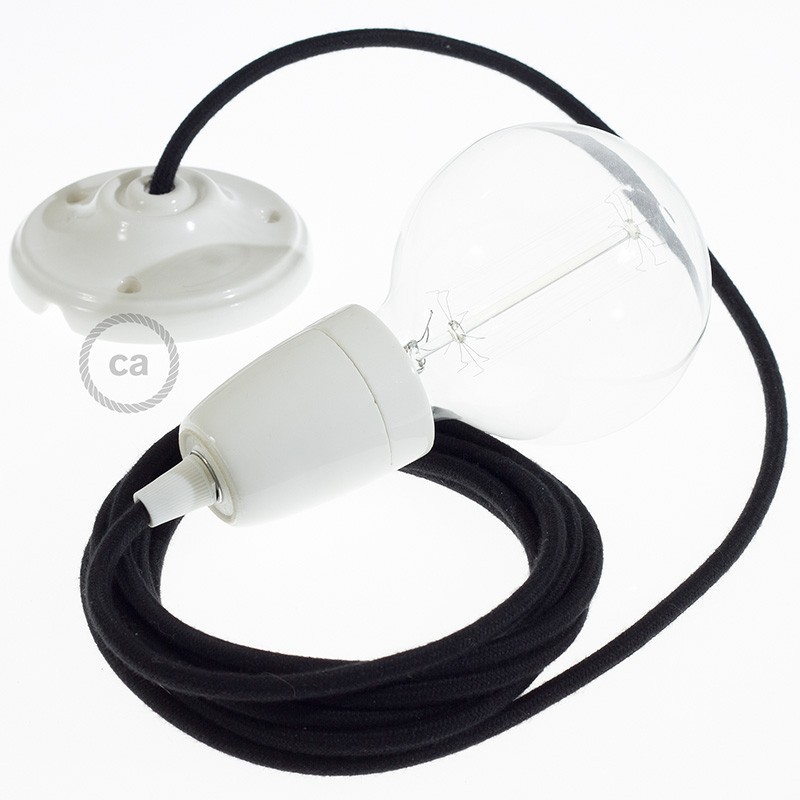 Pendel en porcelana, lámpara colgante cable textil Negro en Algodón RC04