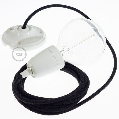 Pendel en porcelana, lámpara colgante cable textil Negro en Algodón RC04