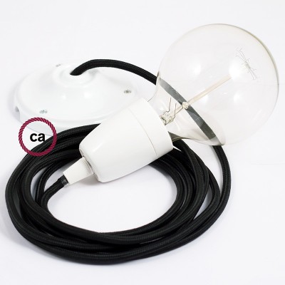 Pendel en porcelana, lámpara colgante cable textil Negro en tejido Efecto Seda RM04