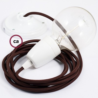 Pendel en porcelana, lámpara colgante cable textil Marrón en tejido Efecto Seda RM13