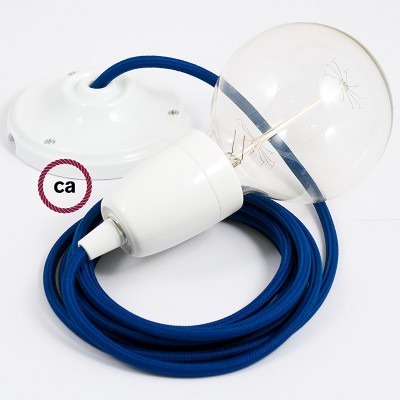 Pendel en porcelana, lámpara colgante cable textil Azul en tejido Efecto Seda RM12