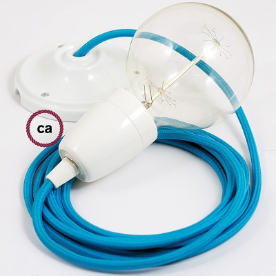 Pendel en porcelana, lámpara colgante cable textil Turquesa en tejido Efecto Seda RM11