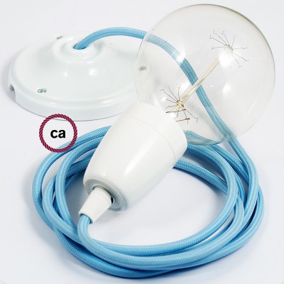 Pendel en porcelana, lámpara colgante cable textil Celeste en tejido Efecto Seda RM17