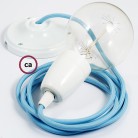 Pendel en porcelana, lámpara colgante cable textil Celeste en tejido Efecto Seda RM17