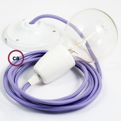 Pendel en porcelana, lámpara colgante cable textil Lila en tejido Efecto Seda RM07