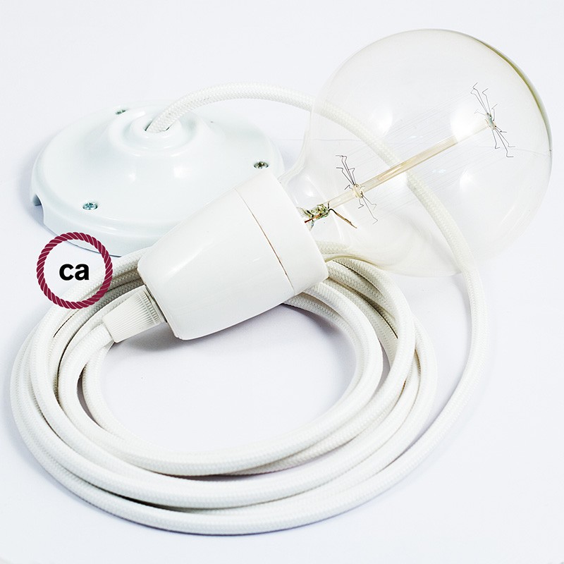 Pendel en porcelana, lámpara colgante cable textil Blanco en tejido Efecto Seda RM01