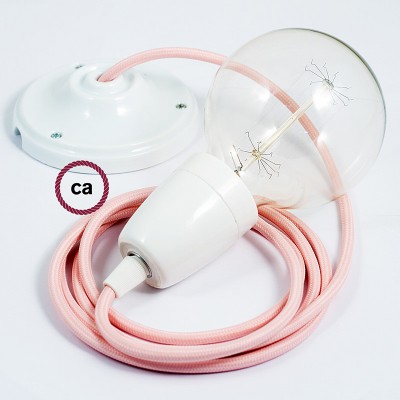 Pendel en porcelana, lámpara colgante cable textil Rosa Baby en tejido Efecto Seda RM16