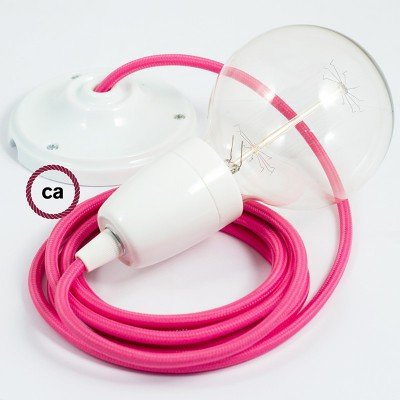 Pendel en porcelana, lámpara colgante cable textil Fuchsia en tejido Efecto Seda RM08