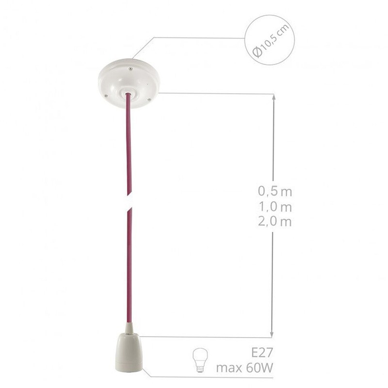 Pendel en porcelana, lámpara colgante cable textil Fuchsia en tejido Efecto Seda RM08