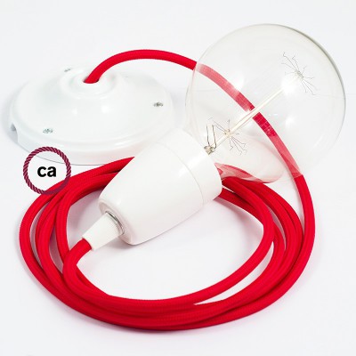 Pendel en porcelana, lámpara colgante cable textil Rojo en tejido Efecto Seda RM09