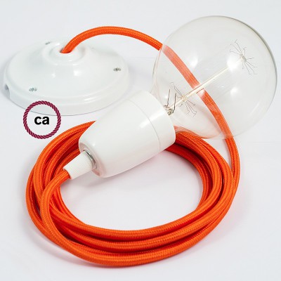 Pendel en porcelana, lámpara colgante cable textil Naranja en tejido Efecto Seda RM15