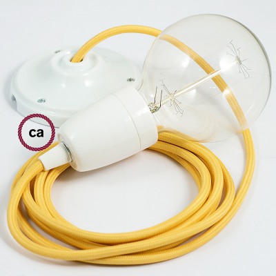 Pendel en porcelana, lámpara colgante cable textil Amarillo en tejido Efecto Seda RM10