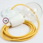 Pendel en porcelana, lámpara colgante cable textil Amarillo en tejido Efecto Seda RM10