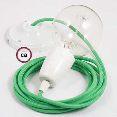 Pendel en porcelana, lámpara colgante cable textil Verde Lima en tejido Efecto Seda RM18