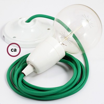 Pendel en porcelana, lámpara colgante cable textil Verde en tejido Efecto Seda RM06