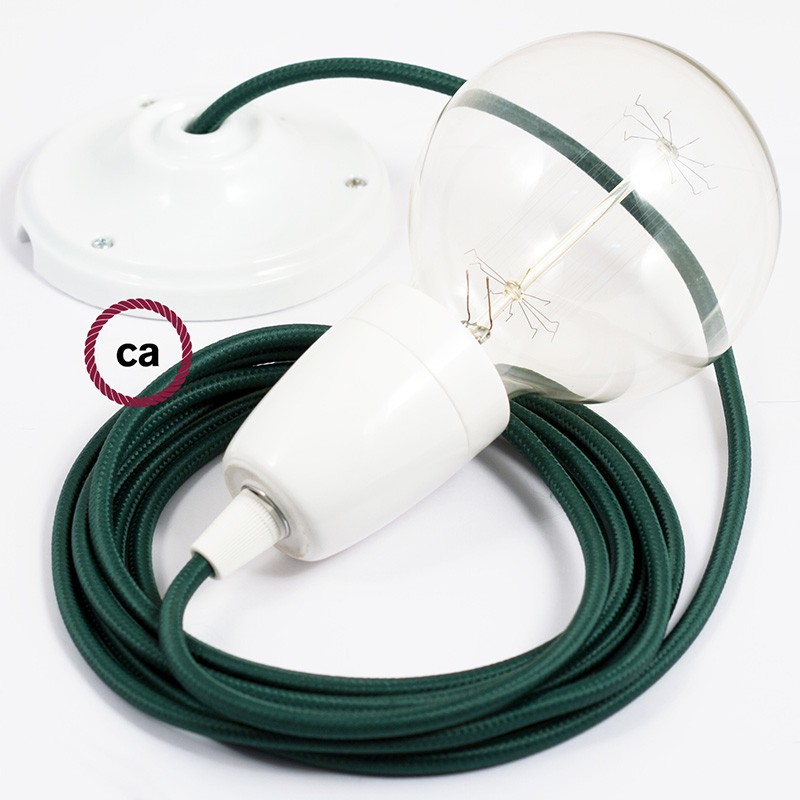 Pendel en porcelana, lámpara colgante cable textil Verde Oscuro en tejido Efecto Seda RM21