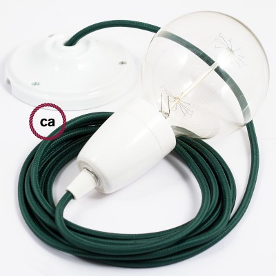 Pendel en porcelana, lámpara colgante cable textil Verde Oscuro en tejido Efecto Seda RM21
