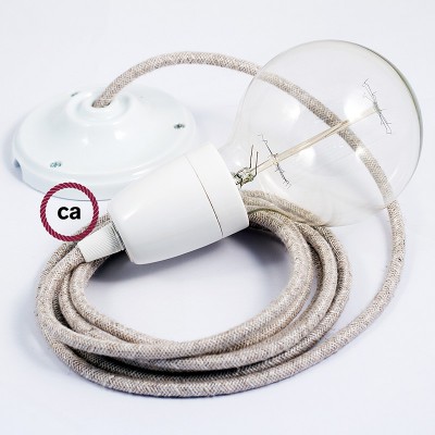 Pendel en porcelana, lámpara colgante cable textil Neutro en Lino Natural RN01
