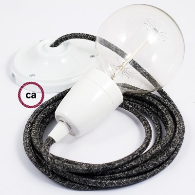 Pendel en porcelana, lámpara colgante cable textil Antracita en Lino Natural RN03